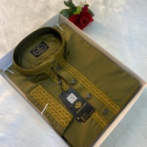 CHOMOK Cotton Embroidered Premium Punjabi Olive Colour