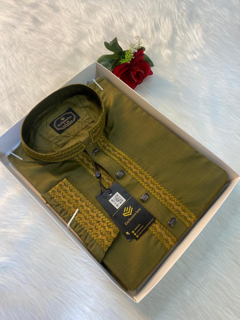 CHOMOK Cotton Embroidered Premium Punjabi Olive Colour
