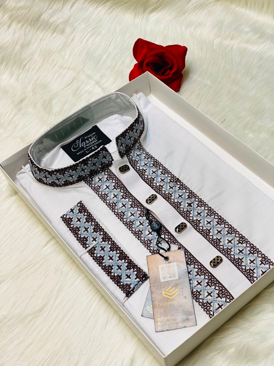 White Colour Embroidered Premium Cotton Punjabi