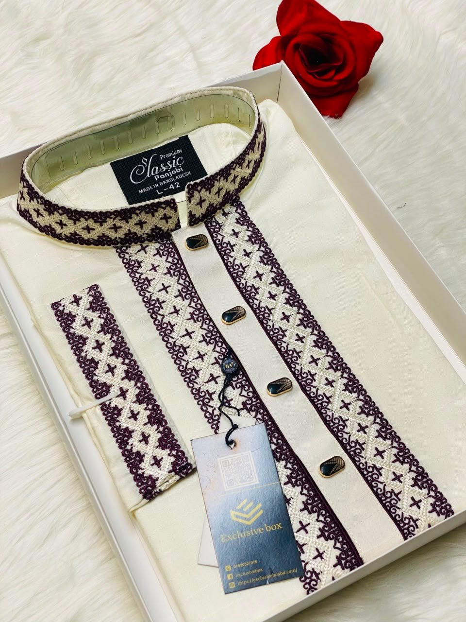 Off White Color Embroidered Premium Cotton Punjabi